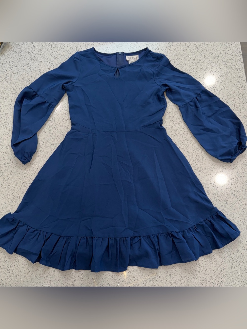 Blush Girls' Navy Blue Ruffle-Hem Long Sleeve Dress